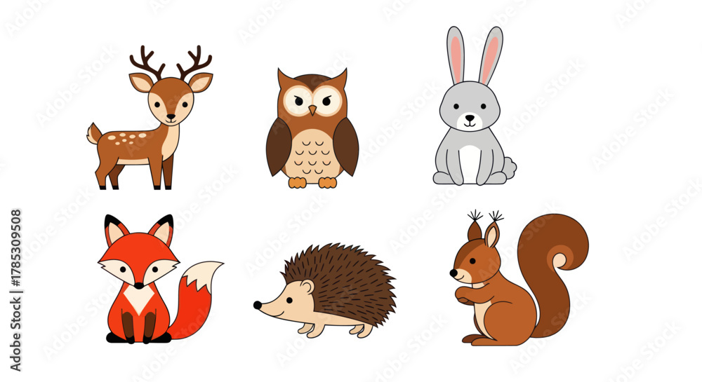 Fototapeta premium Cartoon animal collection illustrations woodland creatures simple design elements