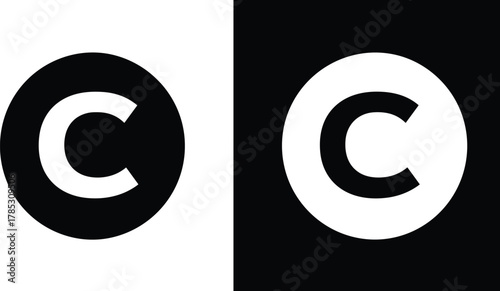 High Contrast Copyright Icons, Black Circle Copyright Symbol, Black Square Copyright Badge, Minimalist Legal Ownership Mark, Vector Graphic for Branding and Licensing
