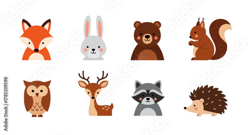 Cartoon animal portraits fox rabbit bear squirrel owl deer raccoon hedgehog