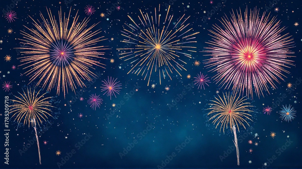 Naklejka premium Spectacular fireworks illuminate the night sky, creating a festive and celebratory atmosphere perfect for events and vibrant holiday promotions