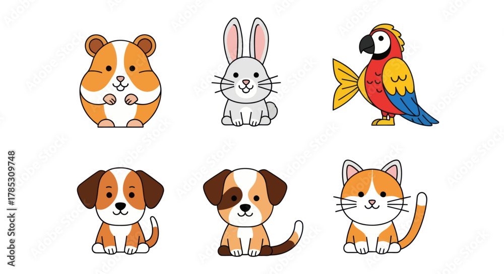 Fototapeta premium Cartoon animals collection hamster rabbit parrot dog cat illustrations
