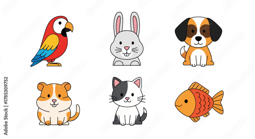 Naklejka premium Cartoon animals collection parrot rabbit dog hamster cat fish isolated