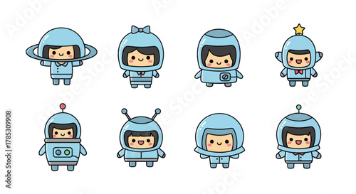 Cartoon astronaut characters in various poses for design and illustration