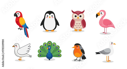 Cartoon birds collection diverse avian species in playful vector illustration