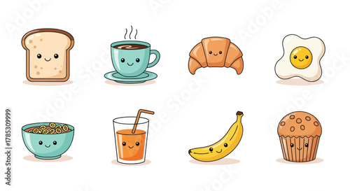 Cartoon breakfast food items bread coffee croissant egg cereal juice