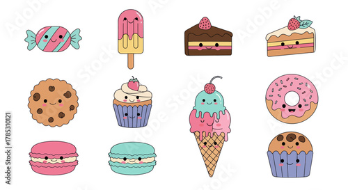 Cartoon desserts collection with sweet treats on white background