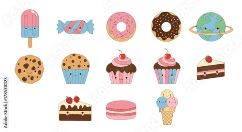 Cartoon desserts and sweets collection isolated on white background