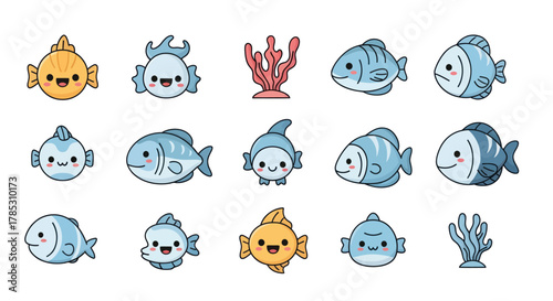 Cartoon fish collection aquatic life elements design illustration