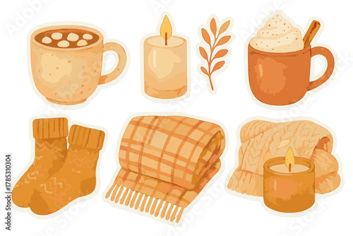 Cozy autumn flat icon set. featuring hot chocolate, candles, sweater, cozy socks, plaid blanket, fall leaf