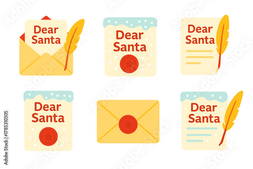 Christmas letter flat icons set. featuring greeting, envelope, pen, and santa note symbols