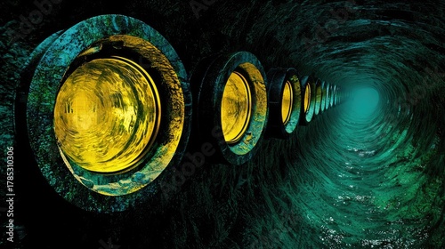 Fototapeta Naklejka Na Ścianę i Meble -  Dark tunnel passageway illuminated by glowing circular lights.