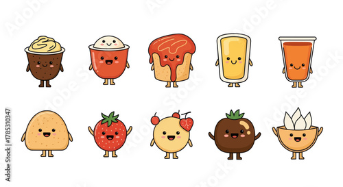 Cartoon food and drinks with cute faces and vibrant colors on white backdrop