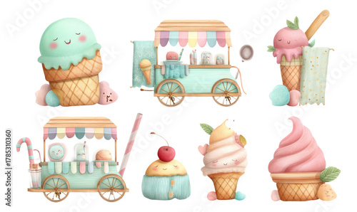 Playful Ice Cream Cart Collection with Cute Characters and Colorful Cones