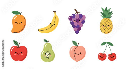 Cartoon fruits collection mango banana grapes pineapple apple pear peach cherries