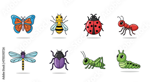 Cartoon insects collection butterfly bee ladybug ant dragonfly beetle