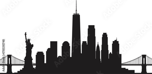 New York City skyline silhouette with Statue of Liberty, Brooklyn Bridge and One World Center iconic skyscrapers urban skyline vector illustration