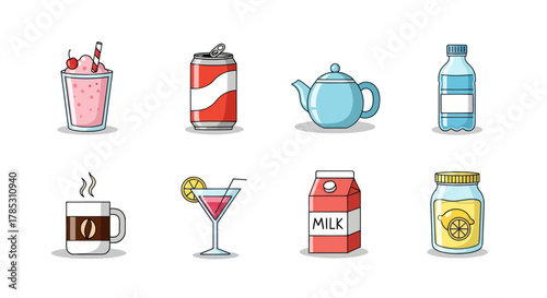 Assortment of beverages illustrated on white background for various uses