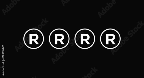 Registered trademark symbol vector pattern, repeated R in circle icons, white on black background, intellectual property, branding, legal protection, minimalist design