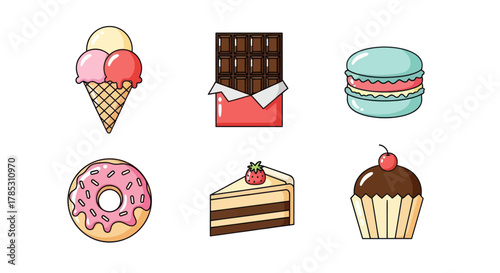 Assortment of desserts ice cream chocolate macaron donut cake and cupcake