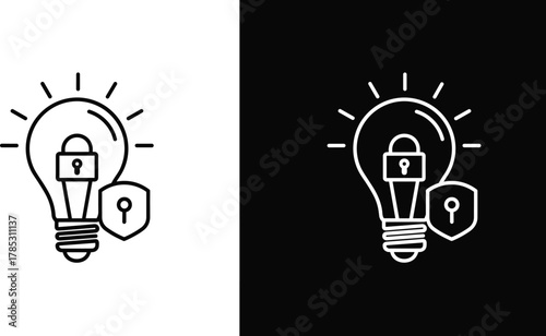 Secure idea concept, light bulb with padlock and shield, intellectual property protection, cybersecurity innovation symbol, creative idea safety vector icon