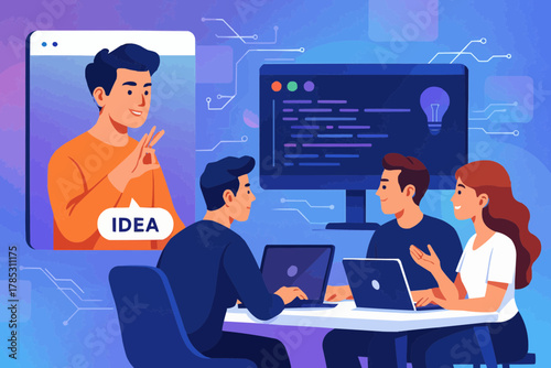 Tech Team Collaborating with Deaf Developer Using Sign Language