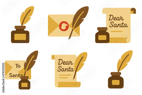 Christmas letter flat icon set. featuring ink bottle, feather, envelope, dear santa scroll