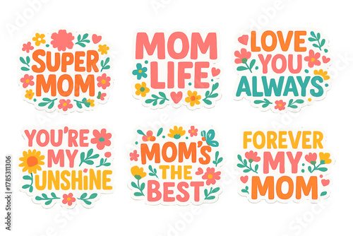 Mother's day flat icon set. featuring super mom, mom life, love you always, and forever my mom designs