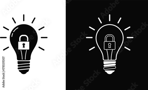 Secure idea light bulb with padlock icon, intellectual property protection, cybersecurity innovation symbol, locked creativity concept for technology and legal branding