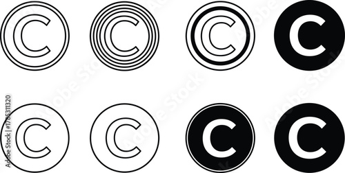 Set of eight copyright symbol variations, vector collection, round C icons, black and white designs, concentric rings, bold and thin strokes, modern and classic