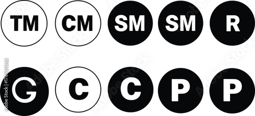 Set of ten circular abbreviation icons, alternating black and white badges, trademark and category symbols, bold uppercase letters, minimalist branding vector