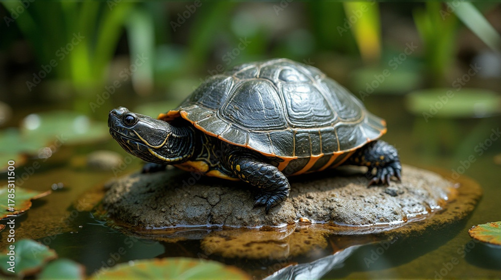 Obraz premium Majestic turtle resting peacefully on rock in serene pond, basking in the sunlight, a symbol of longevity and grace in nature's embrace