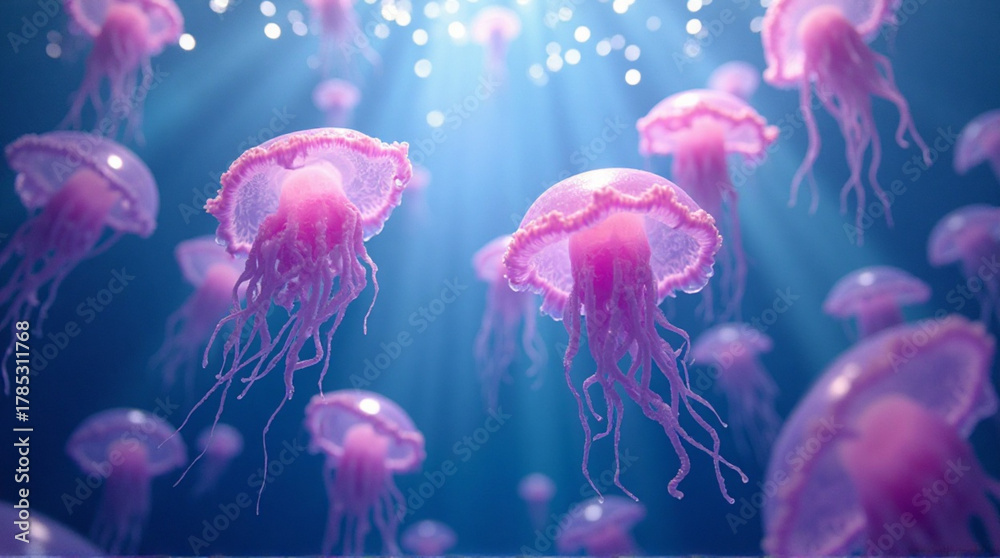 Naklejka premium Enchanting bloom of jellyfish gracefully dance in the deep blue sea, illuminated by shimmering sunlight creating a mesmerizing and vibrant underwater scene