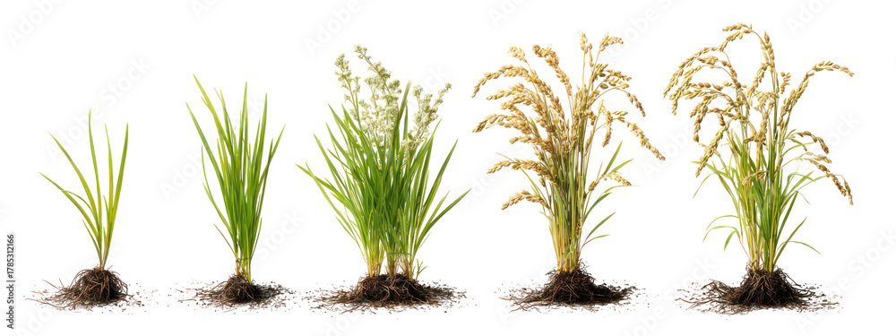 Naklejka premium Five stages of rice plant growth isolated on transparent background