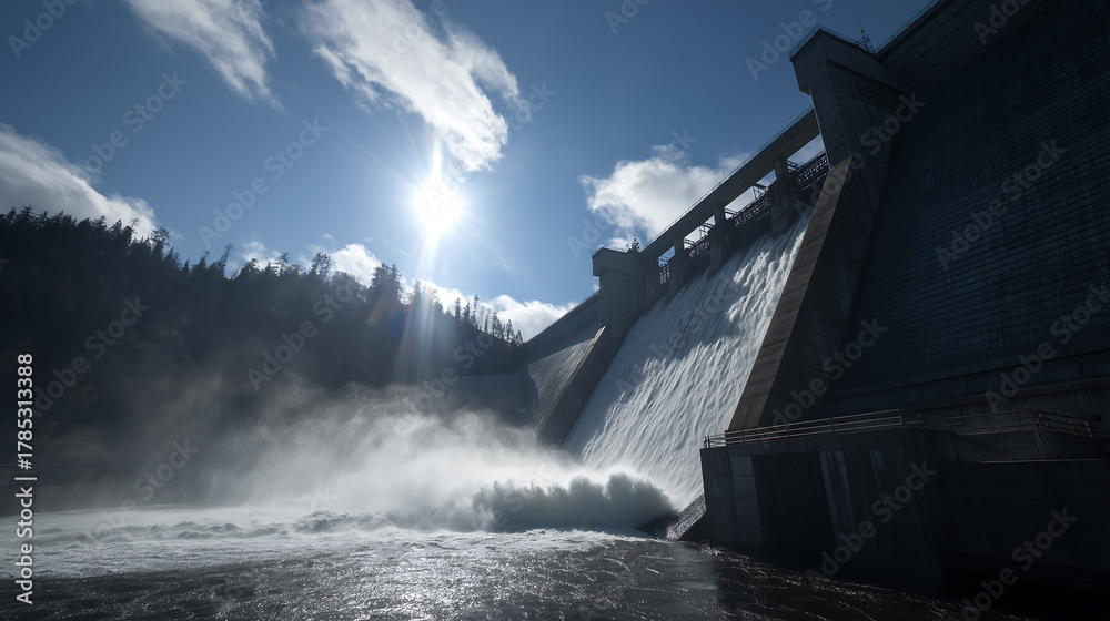 Fototapeta premium Hydroelectric dam water release generating power renewable energy source