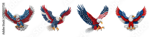 Four American bald eagles soar with patriotic wings showcasing stars and stripes, ideal for July 4th designs, national symbols, and celebrating USA pride