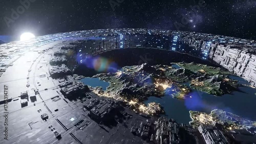 Gigantic Futuristic Ringworld Megastructure Orbiting a Bright Sun.