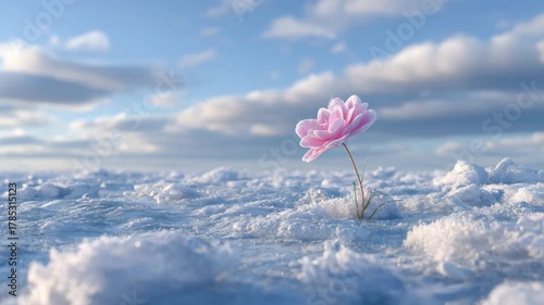 雪原に咲くピンク色の一輪の花のイメージ風景