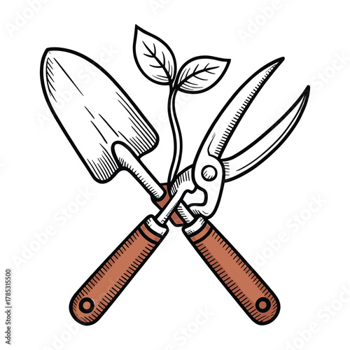 Gardening Tools Shovel Pruner Plant Vector Illustration White Background