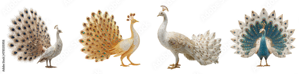 Obraz premium Elegant peacocks in various colors display their stunning plumage, ideal for sophisticated designs and illustrations with a touch of luxury and exotic beauty