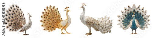 Elegant peacocks in various colors display their stunning plumage, ideal for sophisticated designs and illustrations with a touch of luxury and exotic beauty