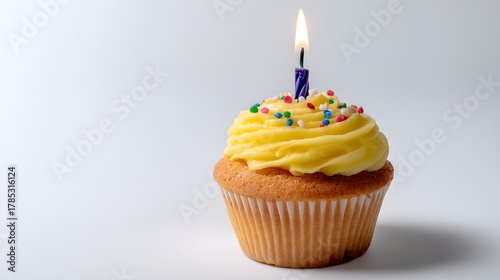 Delicious cupcake with yellow icing and candle on a neutral backdrop