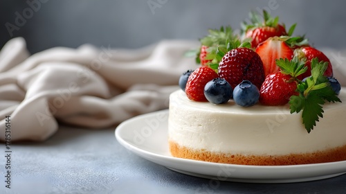 Delicious cheesecake topped with fresh strawberries and blueberries garnished