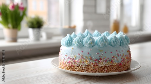 Blue Frosted Cake with Sprinkles Decorated on a Wooden Table