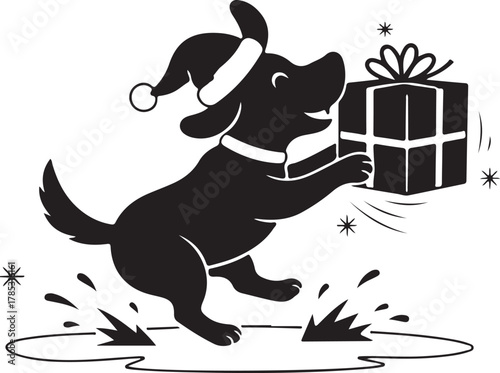  Festive Black Dog Silhouette in Santa Hat Delivering a Christmas Gift, Jumping with Joy, Holiday Pet Celebration.