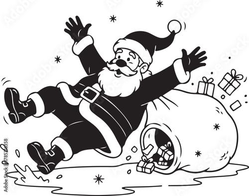 Black and white illustration of a clumsy Santa Claus slipping and falling, dropping presents and gifts from his sack, conveying a funny Christmas mishap or accident.