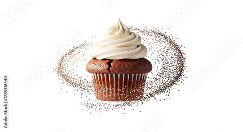 Chocolate cupcake with sprinkles on isolated checkered background yummy bakery
