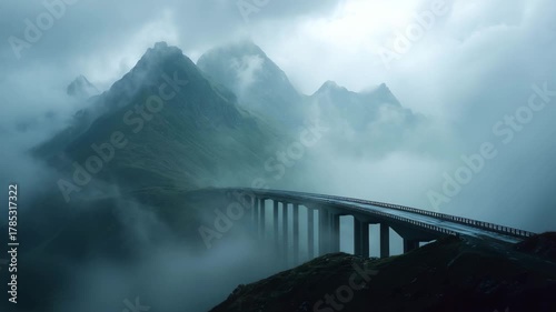 霧の中の山へと続く橋の風景