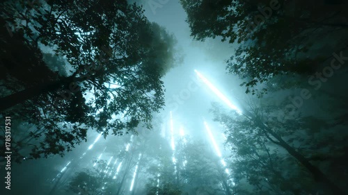 上空から森の中に伸びる不思議な光の線