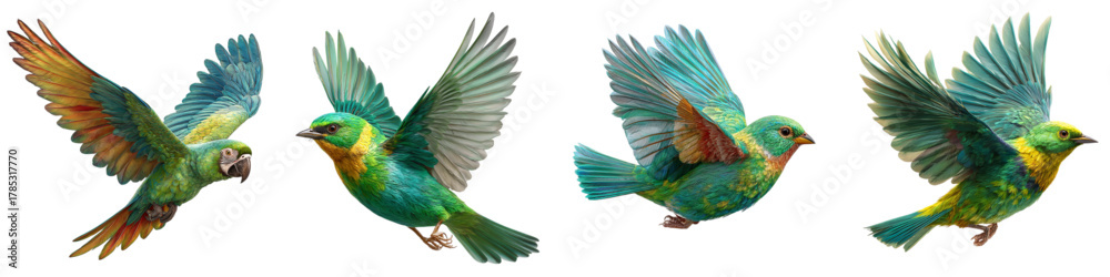 Obraz premium Vibrant Birds in Flight: A Colorful Flock Soaring with Energy and Freedom, Perfect for Nature-Inspired Designs and Uplifting Creative Projects, originally vector graphics