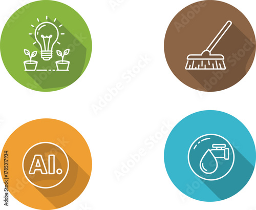 Eco friendly innovation icons, green energy, artificial intelligence, clean water, sustainable technology, smart environment, renewable design, modern flat illustration